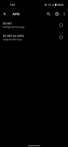 au 5G契約のSIMカードを挿すと、au網のAPNは5G対応のものが表示される