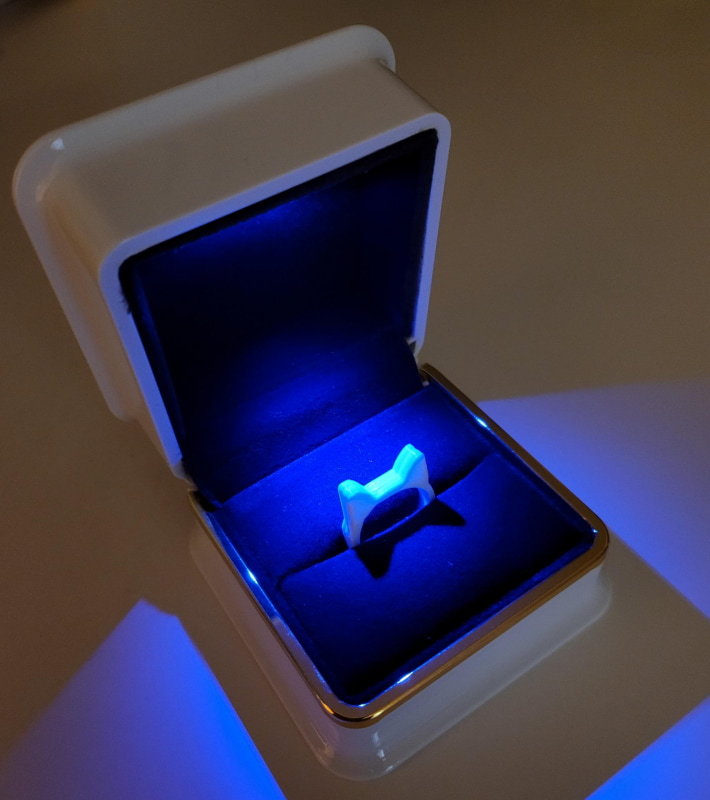 やはりLED照明には白いモノが映える。とても材料費2円以下の指輪には見えない