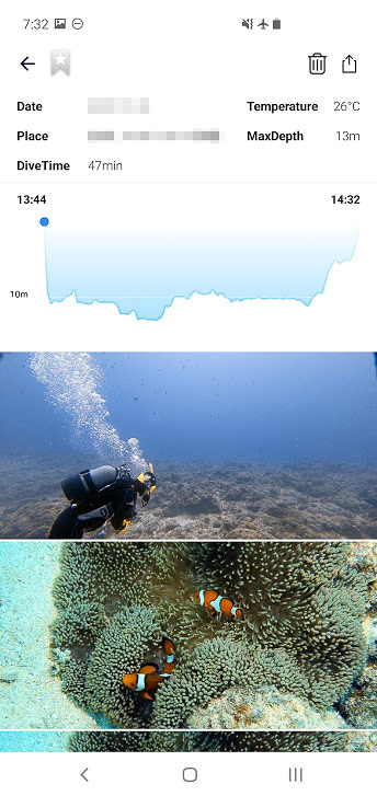 アプリの画面。スタートを押すとダイブコンピューターとつながって画面が切り替わります。撮影した写真は潜った深さなどのデータとともに記録されます