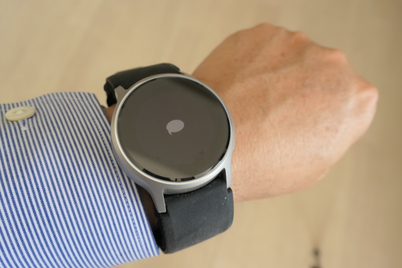 スマホにメッセージが届くと、ブルッと振動して、画面にこのアイコンが表示される。ただし、時計の画面でメッセージの送信者や内容を確認することはできない