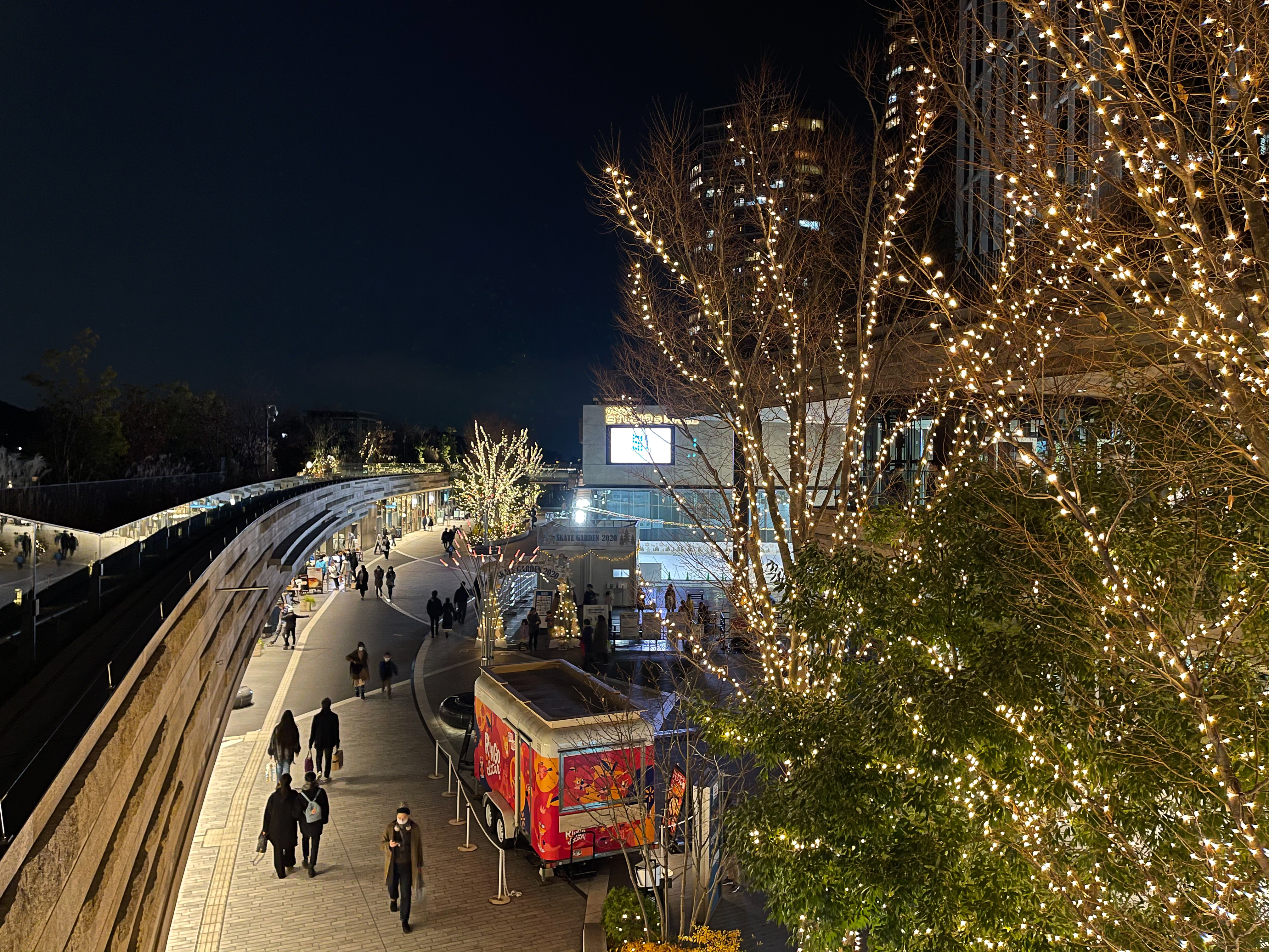 広角カメラでのカットはGoogle Pixel 5の方が描写がいい。スケートリンクの文字や歩道のタイルなど精細感とクリア感がある。iPhone 12 Pro Maxは大型センサーとセンサーシフト式光学手ブレ補正機能を搭載しているのだがちょっと残念な結果である。また両端末とも空にLEDのゴーストが発生している。はじめは「星も写った」と思ったのだが……