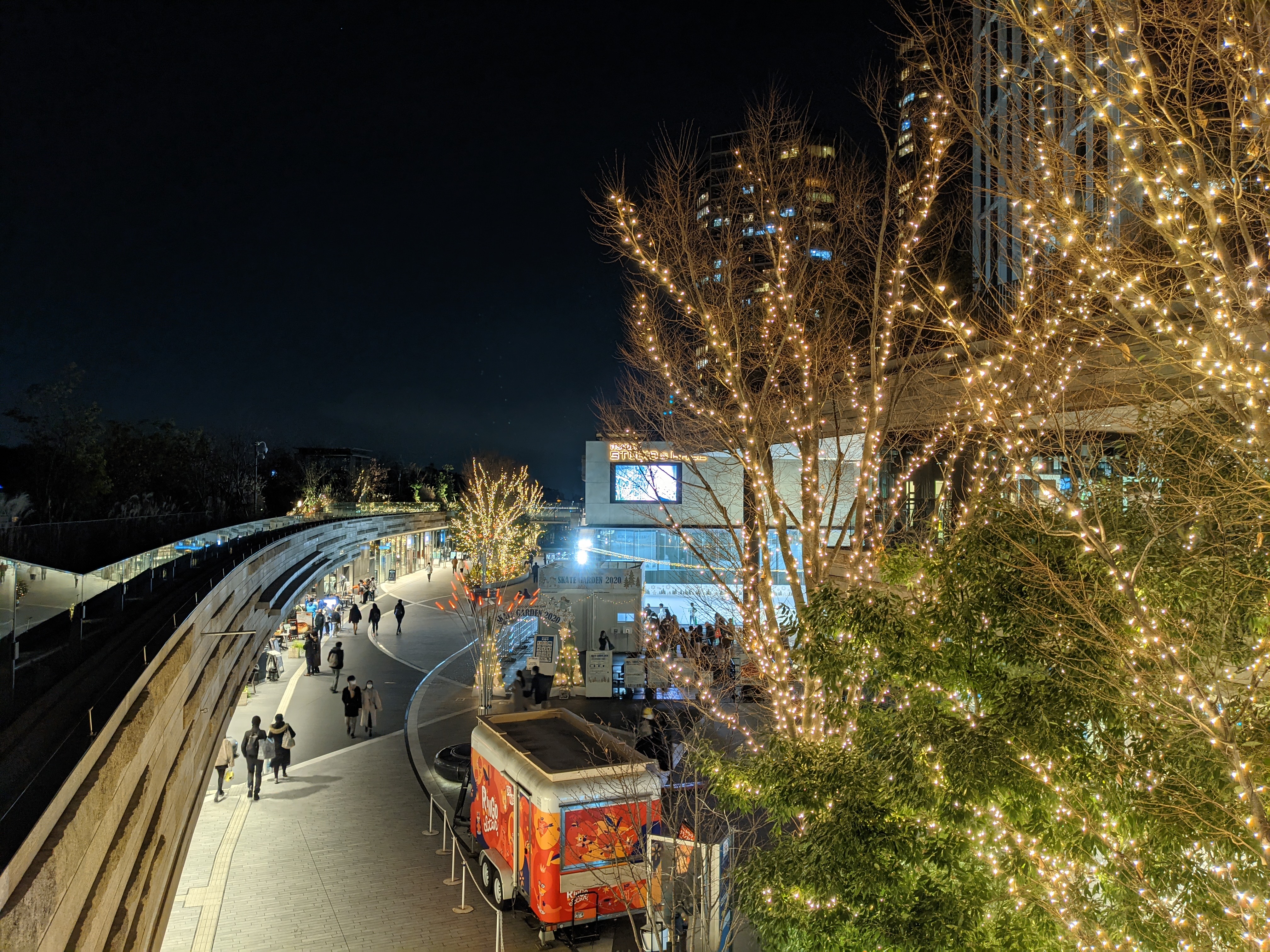 広角カメラでのカットはGoogle Pixel 5の方が描写がいい。スケートリンクの文字や歩道のタイルなど精細感とクリア感がある。iPhone 12 Pro Maxは大型センサーとセンサーシフト式光学手ブレ補正機能を搭載しているのだがちょっと残念な結果である。また両端末とも空にLEDのゴーストが発生している。はじめは「星も写った」と思ったのだが……