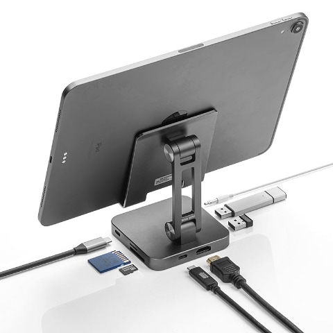 スマホやノートパソコンで使えるスタンドタイプのUSB-Cドック、大画面