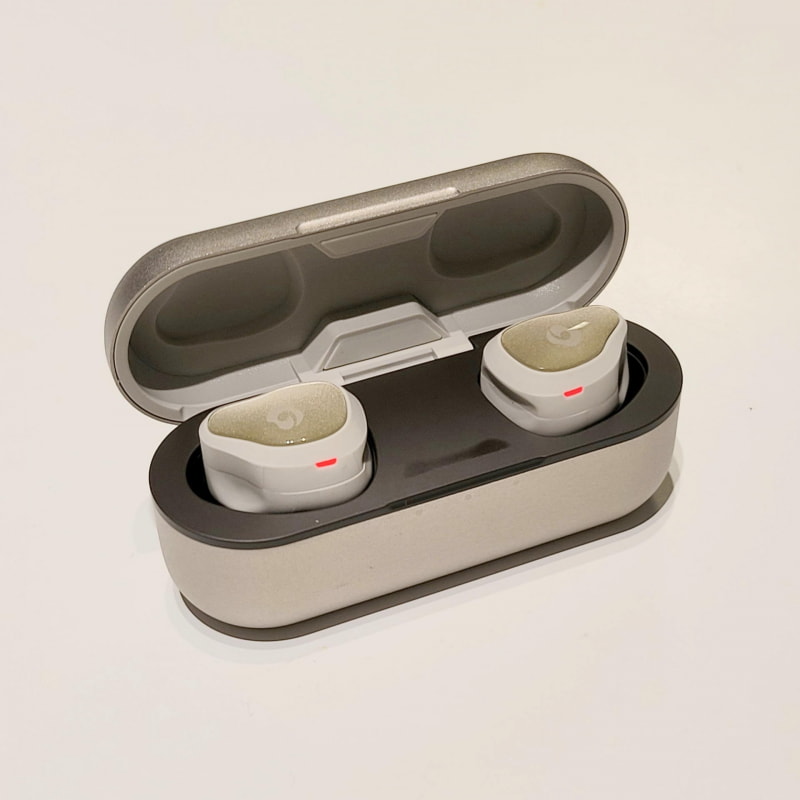 専用充電ケースで充電。セットで持ち歩くことで30時間の音楽再生が可能だ