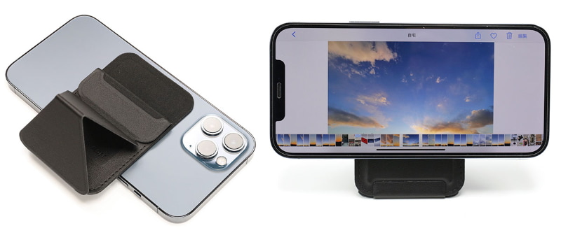 iPhone 12シリーズのMagSafe充電器吸着部になら、MOFTの角度を問わず吸着できる。90°角度を変えての吸着も可能。横画面で使いたい時に便利。iPhone 12 miniでも同様のことができる。