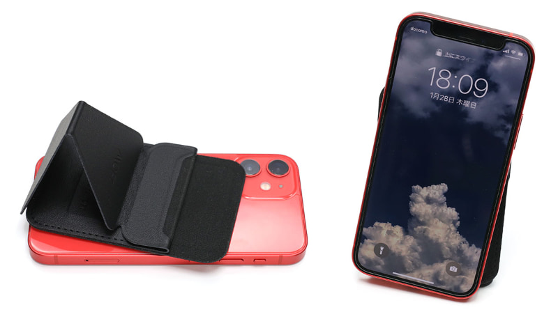 中途半端な角度でも吸着する。また、吸着しているだけ、机上に置いたら不意に画面が斜めになってしまうということも。まあパッと直せますけどネ。