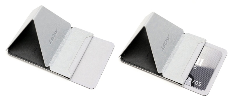 ケース入りiPhone 12 Pro Maxの背面にMOFTを貼ったところ。縦位置でも横位置でも自立させられる。ちなみに、iPhone 12 Pro Maxなどは「背面はすりガラスっぽいサラサラ質感」で粘着剤類が剥がれやすく、MOFTとの相性は良くない。同様の背面質感であるiPhone 11 Pro/Pro Max用に発売されている<a href="https://www.moft.us/products/moft-iphone-11-pro-pro-max-glass-sticker" class="strong b">「MOFT iPhone 11 Pro/Pro Max Glass Sticker」</a>を使うと、この問題を解消できるのかもしれない。