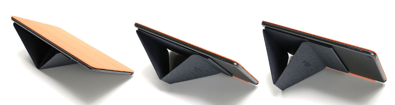 横位置で角度を変えた様子。左端の最も寝た状態では、立体的な折り方にして展開している。