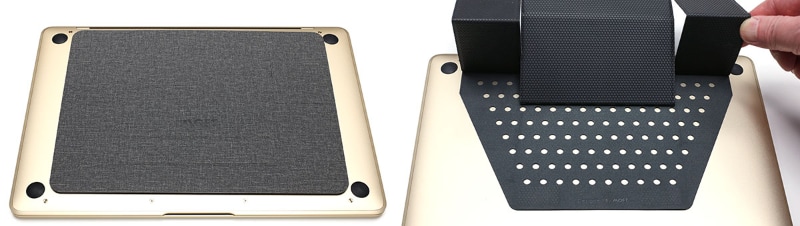 MOFT Laptop Standを12インチMacBookに貼って使用。粘着剤部分には放熱用の穴がある。