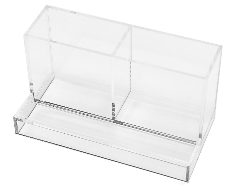 無印良品「アクリルスマホ小物スタンド・大 約幅16.8×奥行8.4×高さ9cm」は前出の透明スタンドの横幅が2倍になったもの。