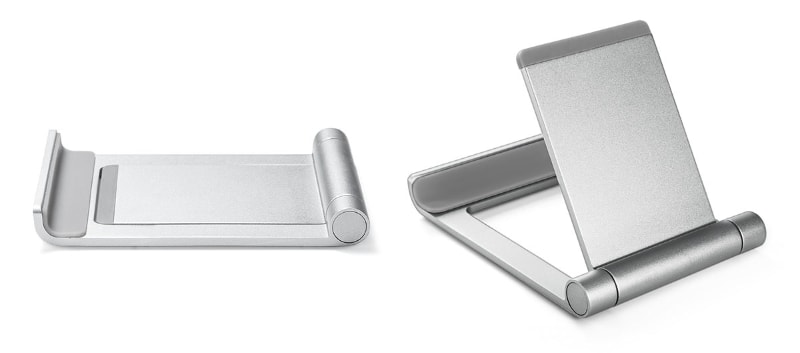 サンワサプライ「スマートフォン・タブレット用アルミスタンド 200-STN027S」はシンプルな端末スタンド。携帯性を考慮されていて、薄く折りたたむことができる。重さは80g。