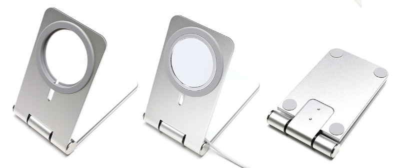 Amazonで購入したS.Dブランド<a href="https://www.amazon.co.jp/gp/product/B08Q47BRYN/" class="strong b">「MagSafe対応スマホスタンド」</a>。1580円だった。丸い穴の部分はシリコーンで囲まれていて、MagSafe充電器が安定的に収まる。裏面には滑り止め。折りたたんでコンパクトに収納できる。