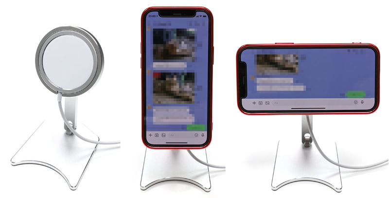 キーボードを使ってLINEメッセージを入力するために、前出のMagSafe対応スタンドより背が高いスタンドを導入。<a href="https://www.amazon.co.jp/gp/product/B08R5QD7K3/" class="strong b">Luxsureブランド「MagSafe充電器スタンド」</a>で、Amazonにて1299円だった。ちなみに、前出の机上に貼り付けたMagSafe対応スタンドは、その後、机上端っこの充電位置に固定。キーボードを使える位置ではないため、このスタンドを追加導入したのであった