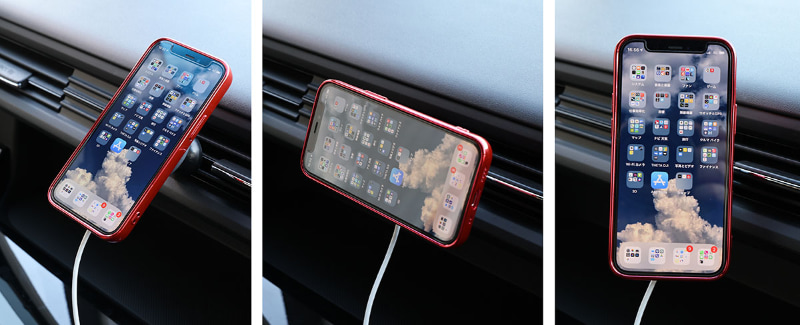 ホルダーの角度がかなり自由に動くことと、縦向き横向きを容易に変えられる(端末を回すだけ)なので、画面の向きは自由自在という感じ。普通一般のスマートフォンフォルダーよりずっと使いやすい。素晴らしいぞMagSafe対応車載ホルダー!!!