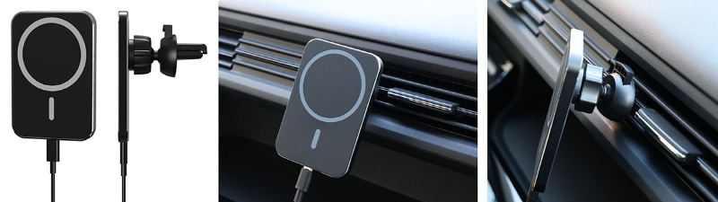 また別の車載ホルダーも購入。<a href="https://www.amazon.co.jp/gp/product/B08R5QM9QT/" class="strong b">HATALKINブランド「マグネット式 車載ホルダー」</a>で、エアコン吹出口取り付けタイプ。Amazonにて2699円だった。このホルダーはMagSafe充電器を内蔵している。ただし、付属のUSBケーブルはUSB-C PD対応のものではなく、USB-A/USB-Cタイプ。クルマのUSB給電ポートに直接接続するための仕様だと思われるが、このままではMagSafeによる急速充電には対応できない