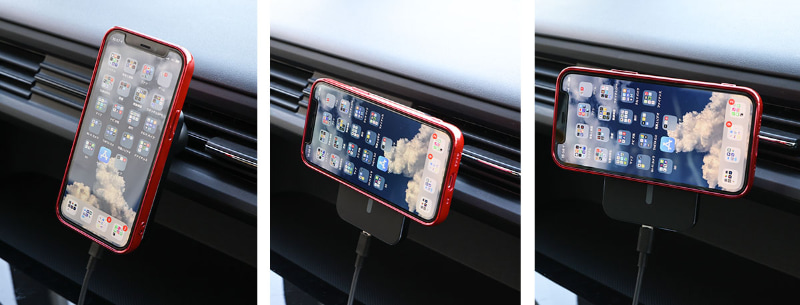 こちらの車載ホルダーも端末の画面向きを自由に変えられる。マグネット吸着だと端末の縦横を非常に手軽に変えられるのが、やはりイイ♪