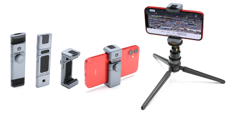 マンフロットの「<a href="https://www.manfrotto.com/jp-ja/twistgrip-universal-smartphone-clamp-mtwistgrip/" class="strong bn" target="_blank">TwistGripスマートフォンアダプター</a>」。携帯時はスリムな板状で、変形させてスマートフォンホルダーとして使う。スマートフォンの長辺を挟み、押し縮めながら背面のネジを締めて固定する。上部にアクセサリーシューがあり、底部に三脚ネジ穴（1/4-20UNC）があり、この三脚ネジ穴を使って三脚などに固定して使う。マンフロット直販価格5957円