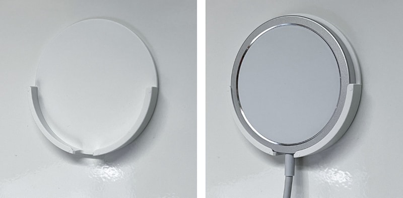 ある程度平滑な壁面にペタリと貼り付け、そこにMagSafe充電器を掛けておける。MagSafe収納アイテムというわけだ。