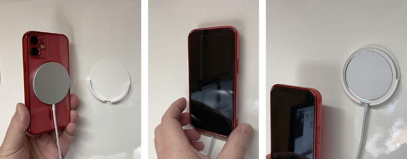 こういう使い方を想定したグッズだと思われる。iPhoneにMagSafe充電器を吸着して充電し、充電し終えたらこのホルダーにMagSafe部分を引っ掛けてiPhoneを下にズラす。すると、MagSafe充電器を外しつつホルダーに格納完了。iPhoneをMagSafe充電したい場合、この逆の手順を踏む。MagSafe充電器をハダカだ使っている場合、片手でスムーズにMagSafe充電器の脱着ができつつ、MagSafeを保管できるというわけだ。あら便利♪