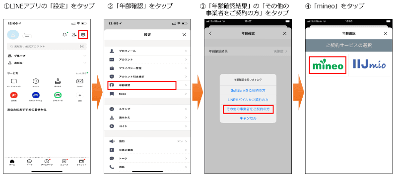 「LINE」での年齢認証方法（mineo）
