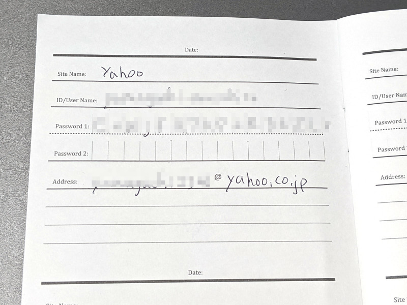 30ページ、計60件を書き留められる。パスワードの桁が区切られているので記入しやすい