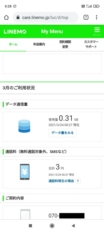 初期設定マニュアルに記載されていたQRコードを読み取り、「My Menu」ページにアクセス。契約情報が表示できるけど、何となく、My SoftBankやMy Y!mobileに雰囲気が似てるような……
