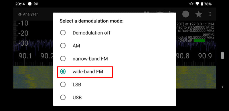 FM放送を聴く場合は「wide-band FM」をタップする。なお、このSDRドングルで受信できる周波数は25MHz～1750MHz。普通一般のラジオ放送としてはFM放送しか受信できない。