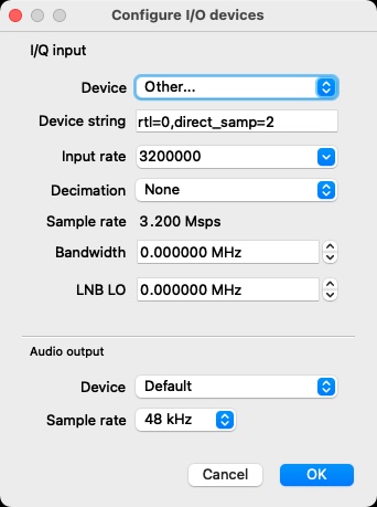 ダイレクトサンプリングモードで使う場合、「Device string」に「rtl=0,direct_samp=2」を入力する。ほかの項目の設定はよく理解していないので間違っているかもしれず、すまんす。なお俺の環境の場合だが、「Device string」などの設定を変更後、いったんアプリを終了して再起動しないと正しく受信できないようだ