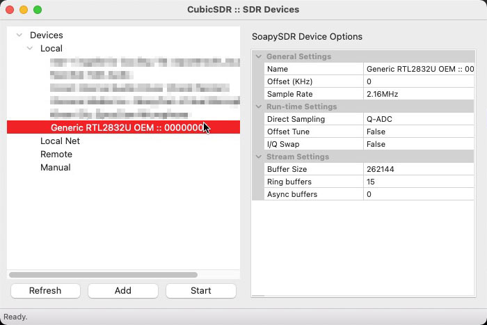 CubicSDRアプリを起動すると、SDRドングルを選択するダイアログが表示される。Realtek RTL2832デコーダーチップを示す「RTL2832U」という文字列が含まれているのがSDRドングルなので、ソレを選択する。