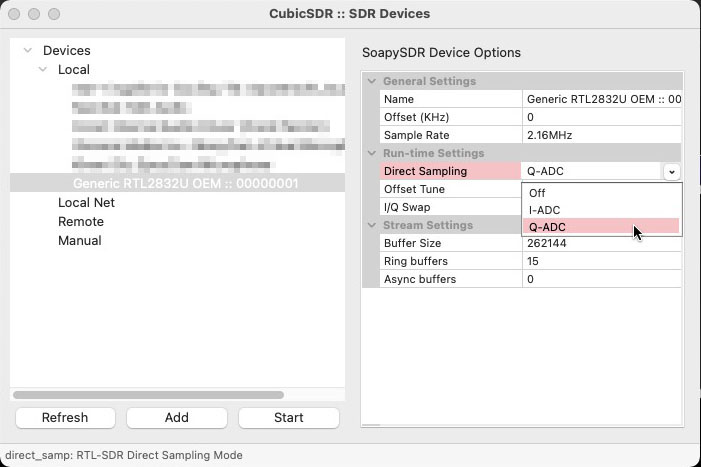 ダイレクトサンプリングモードに対応したRTL-SDR.COM V3などのSDRドングルなら、ここでダイレクトサンプリングモードでの動作を指定することもできる。