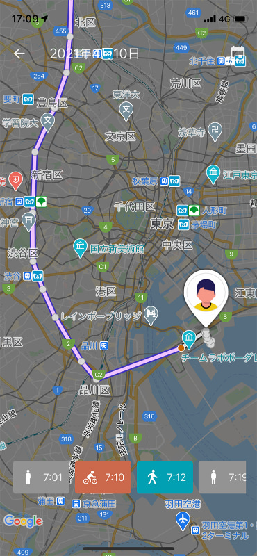 移動経路の確認も可能。自転車や徒歩で移動したことなどが正確に記録されます。