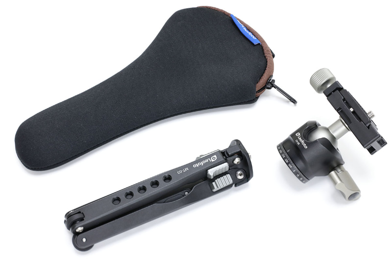 Leofotoミニ三脚「MT-03+LH-25」は、Leofotoミニ三脚「MT-03」とLeofoto自由雲台「LH-25+PU-25」と専用ケースのセット品。三脚部や雲台部は、別の雲台や三脚と組み合わせても使える。