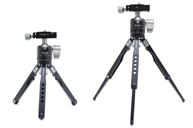 アルミニウム製の三脚で、脚は2段式。立てた時の高さ(35°開脚)は185mm/249mm。耐荷重は5kg。