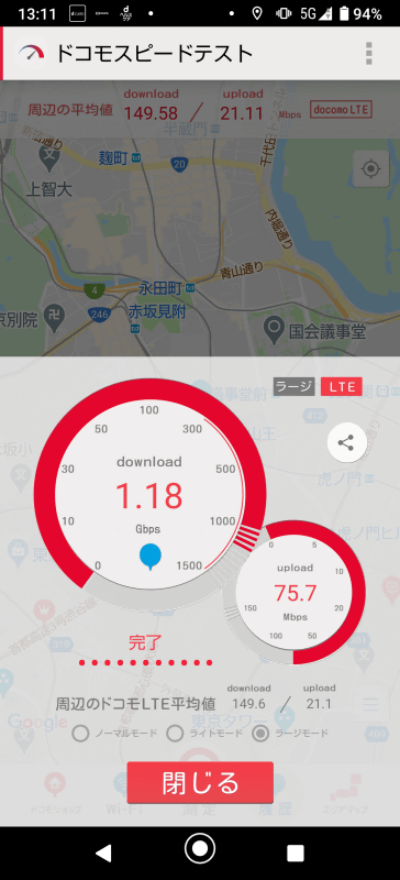 この1年間、5Gのエリアになると、何となく「ドコモスピードテスト」を実行していた。何度か1Gbps超えを体験したけど、もっとも印象的というか、納得したのは、NTTドコモ本社の受付でした(笑)。たぶん、これが最速だったかも……