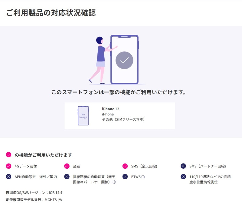 2021年4月25日現在の楽天モバイルのWebページに掲載されていた「iPhone 12」の対応状況。「このスマートフォンは一部の機能がご利用いただけます。」と表示されている