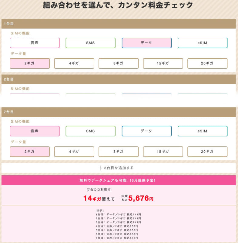 <a href="https://www.iijmio.jp/gigaplan/" class="strong bn" target="_blank">ギガプラン公式ページ</a>にある料金チェック表にて、現在の7回線（音声SIM×4枚とデータ通信SIM×3枚）をギガプランに移行した時の月額利用料金を算出してみた。各プランの通信容量は最低限の2GBとした。結果、月額利用料は5676円