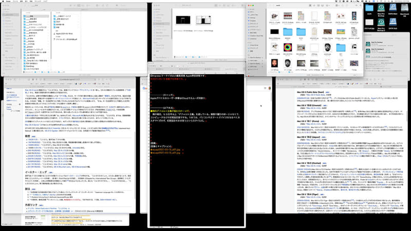 仕事中のデスクトップ。必要に応じてウィンドウを開くが、ウィンドウの位置はそれぞれ定位置としてカスタマイズ（?）している。