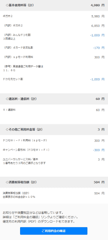 ギガホ2時代のある月の利用料金。ま、だいたい月5500円といったところ