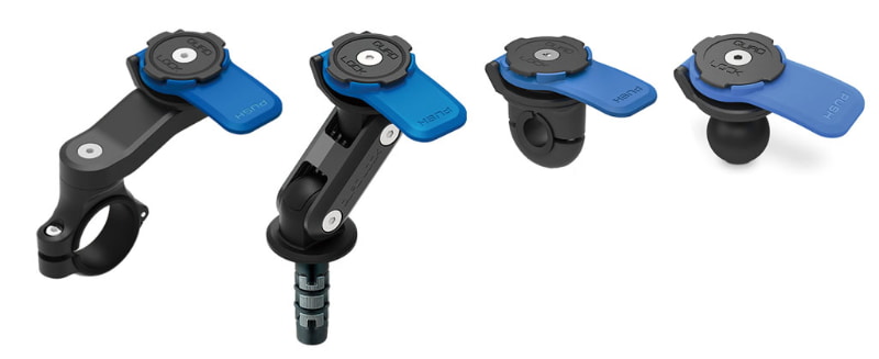 左から、クアッドロック ハンドルバーマウント V2、クアッドロック フォークステムマウント、クアッドロック ミラーマウント、クアッドロック 1インチボールアダプター。これらのマウントにVIBRATION DAMPENERを追加すると「衝撃吸収マウント」になる