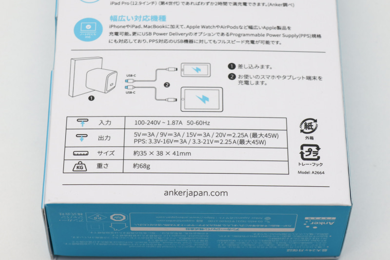 電源電圧仕様は裏面に記載してある。ノートパソコンに対応する45Wタイプで可変電圧のPPSにも対応