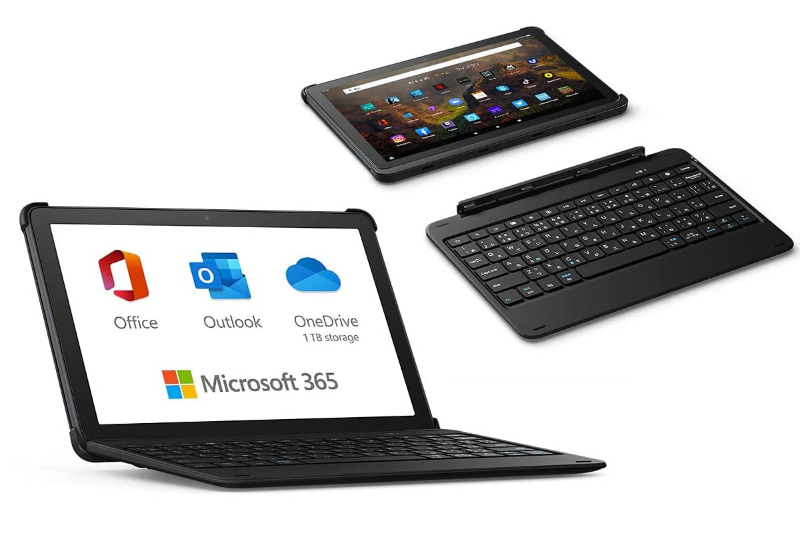 Fire HD 10（32GB）のエッセンシャルセットには、Microsoft 365 Personal（1年分無料使用ライセンス）と専用キーボード付きカバーが付属し、価格は2万4980円。