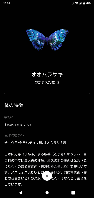 オオムラサキの画面例。特徴、生態、人との関わりの順で閲覧できるようになり、最右のようにアンロックまでの収集数が表示される