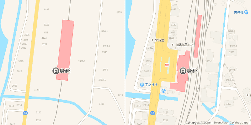 左＝身延駅周辺（山梨県南巨摩郡身延町）　右＝上高地