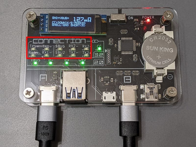 チェッカーで測定してみた。赤枠のLEDが点灯していないため、USB 3.2ではなくUSB 2.0であることが分かる。またeMarkerも正しく検出されている