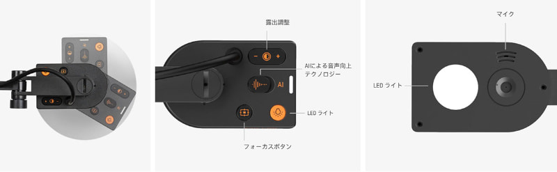 カメラ部は180°以上回転し、カメラの反対側には各種操作ボタンがある。カメラ横には白色LEDライトやマイクが内蔵されている
