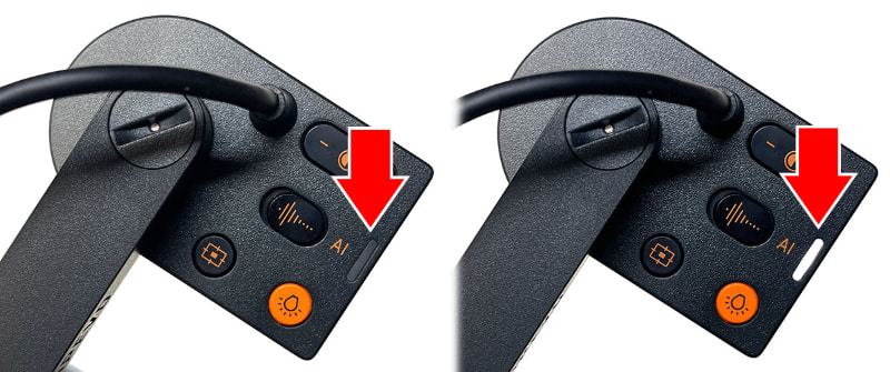 V4K PROがカメラ映像を出力している時、赤矢印部分の白色インジケーターが点灯する。これが消えていれば映像が出力されていない状態。マイクのみ使った場合、このインジケーターは点灯しない