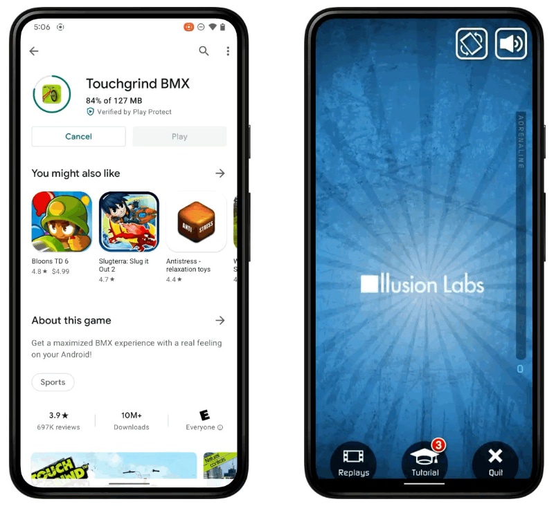通常（左）と「Play as you download」をサポートした（右）ものの起動画面。右のほうが早くゲームを起動できる