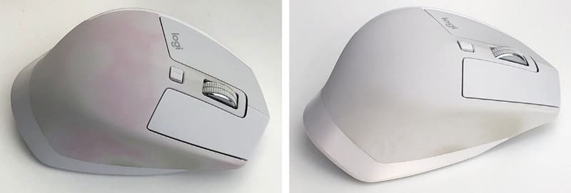 ロジクール「MX MASTER 2S」は、以前に使っていたら左のように「ピンキング」を起こして変色しつつベタベタしてしまった。だが直射日光に晒すことで、数日でピンキングが解消。右のような状態にまで回復した。