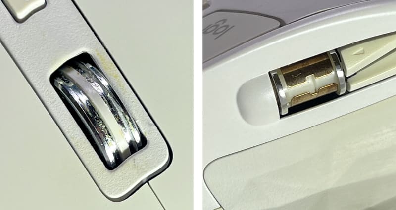 ホイール部分の滑り止めラバー素材を完全に除去した。マウスの硬質樹脂部分はちょっと劣化して黄ばんでいる。