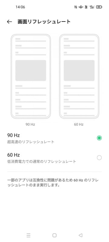 画面リフレッシュレートは90Hzだが、省電力性を重視するときは60Hzに切り替えることができる